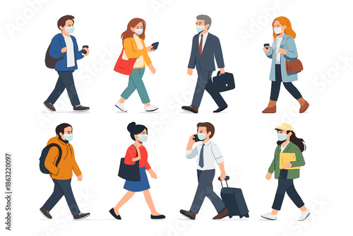 Diverse Group of People Wearing Face Masks Walking