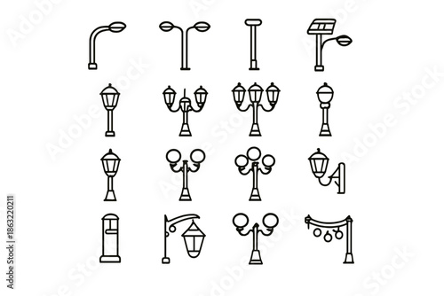 Collection of Street Lamp Icons on Yellow Background