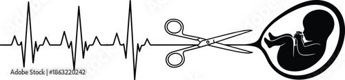 Silhouette of Heartbeat Line Cut by Scissors with Fetus Symbol, Calm Mood, One-Panel Ethical and Symbolic Vector Illustration