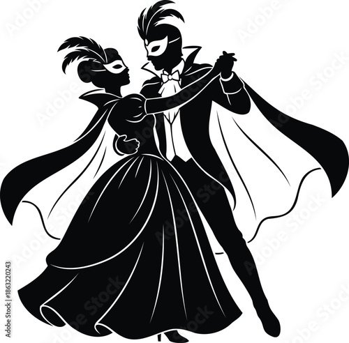 black and white illustration of couple wearing masks and capes dancing together vector
