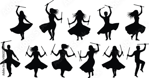 Silhouette of men and women dancing with sticks in traditional folk style, celebrating festival with joyful garba and dandiya moves