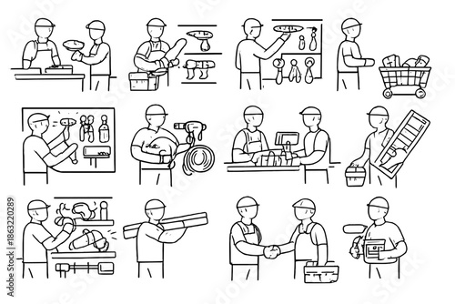 Construction workers in various activities