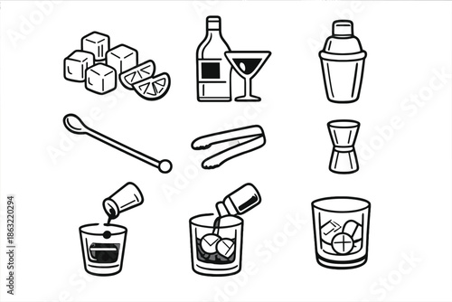 Bartending Tools and Cocktail Icons Set