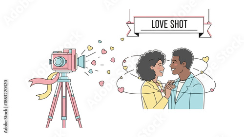 Love Shot: Capture the essence of love with this artistic illustration, featuring a charming couple intertwined in a tender embrace, their connection radiates from the vintage camera.