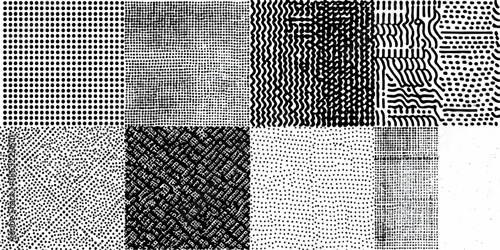 A collection of various abstract textures featuring intricate patterns and grid designs, ideal for design projects and backgrounds.