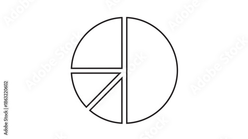 Minimalist black outline pie chart with vertical divider, left-side segments and a diagonal wedge, clean vector data visualization for dashboards