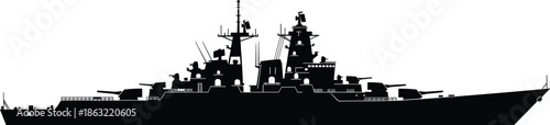 Silhouette of military battleship with radar antennas, gun turrets, and superstructure isolated on white background for naval defense themes