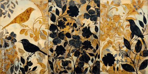 Vászonkép Vintage bird and floral pattern triptych