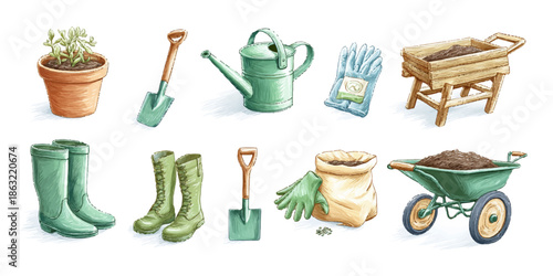 A collection of gardening tools and equipment including a watering can, gloves, wheelbarrow, boots, shovel, spade, and bag of soil.