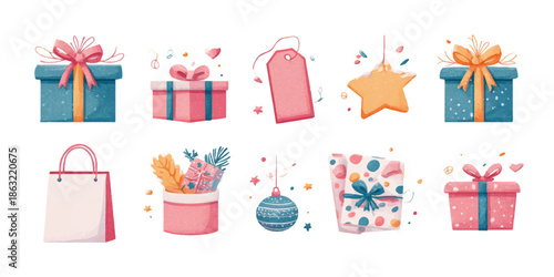 A collection of nine vibrant gift boxes and bags adorned with festive decorations, perfect for holiday gifting and celebrations.