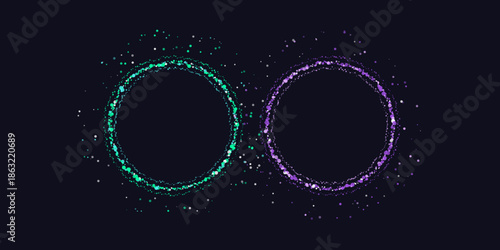 Two Glowing Cyan and Purple Cosmic Portals or Orbs with Particle Trails on Dark Background