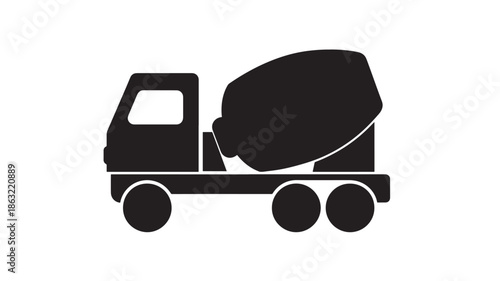 Black silhouette cement mixer truck icon with cab and drum, side view on flat white background in minimalist vector style for construction graphics