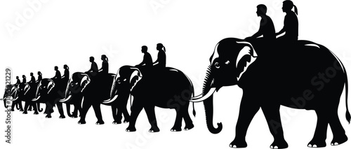 Silhouette of people riding elephants in a line, wildlife tourism concept, traditional travel adventure, nature exploration vector illustration design.