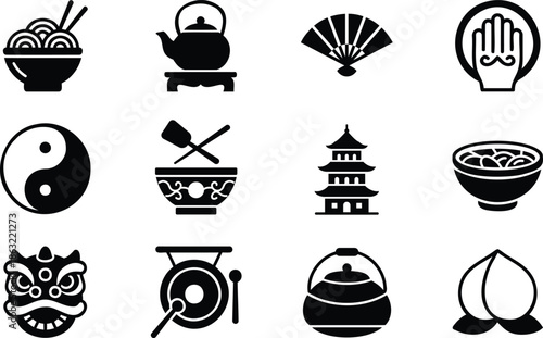 Collection of various Asian culture and food icons in black silhouette on white background