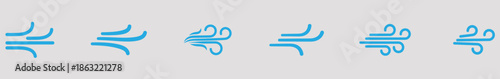 A set of stylized blue wind icons on a light gray background representing different wind directions and speeds in a modern graphic design