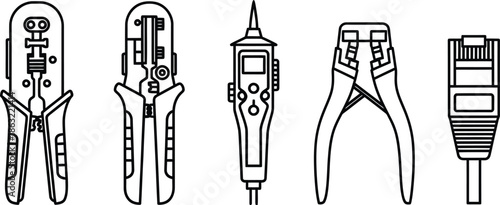 Line art vector set of 5 network installation tools crimper punch down tool cable tester wire stripper and rj45 connector