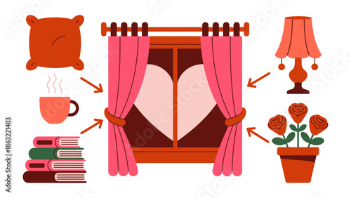 Cozy Room Composition: Charming illustrations evoke a sense of warmth and comfort, inviting viewers into a world of relaxation. A window with heart-shaped curtains offers a romantic focal point.