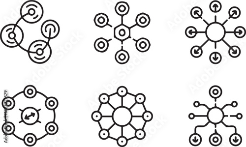 Artificial Intelligence Neural Networks Line and Solid Icon Set. Neural Networks, AI Connectivity, and Data Algorithms