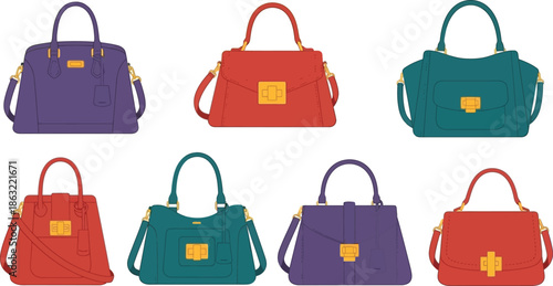 Flat design set of 6 women handbag styles tote bag clutch satchel hobo bag bucket bag and crossbody