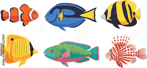 Flat design set of 6 coral reef fish clownfish blue tang angelfish butterflyfish parrotfish and lionfish