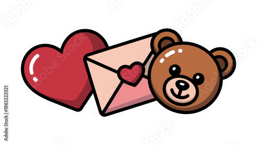 Valentine's Day Icon: A heartwarming illustration featuring a heart, love letter, and teddy bear, symbolizing affection and romance.