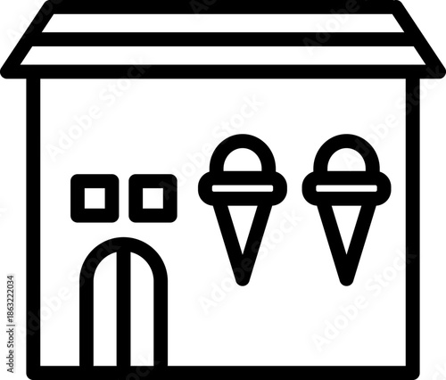 Ice Cream Shop Line Icon – Dessert, Cone, and Sweet Treat Symbol, Ice Cream Store Icon – Scoop, Sundae, and Frozen Dessert Illustration, Dessert Shop Icon , Ice Cream, Parlor, and Sweet Shop 