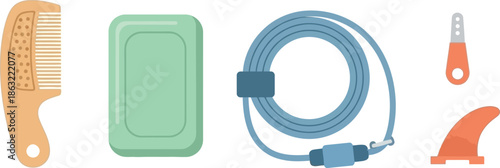 Flat design set of 4 surfing essentials surfboard wax comb leash and fin key solid beach