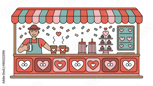 Sweetheart's Cafe: An inviting cafe booth brimming with warm beverages and delectable treats. A welcoming barista stands ready, offering heart-shaped goodies.