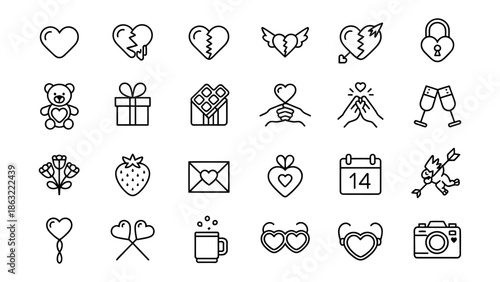 Love Symbols Collection: A collection of various symbols related to love, including hearts, gifts, and other romantic elements, designed for Valentine's Day. 