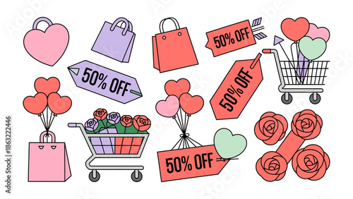 Valentine's Day Sale Icons: Festive assortment of shopping cart, hearts, flowers, balloons and sale tags for the perfect Valentine's Day. 