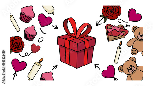 The Perfect Gift of Affection: A beautifully illustrated scene where a striking red gift box takes center stage, surrounded by an array of symbols of love and affection.