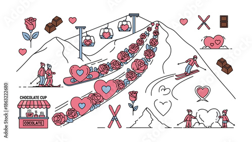 Love on the Slopes: a charming illustration captures a romantic Valentine's Day on a snow-covered mountain, with skiers and lovers enjoying the snowy landscape.