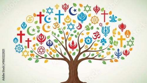 Tree of Religious Symbols Representing Interfaith Harmony and Diversity