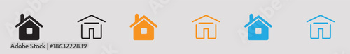 A set of five simple house icons in different colors on a gray background for use in real estate or architectural design