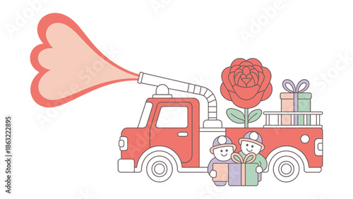 Love Brigade: A charming illustration depicts a fire truck, playfully emitting a heart-shaped spray, carrying a blossoming rose, and adorned with gift boxes, symbolizing love and generosity.