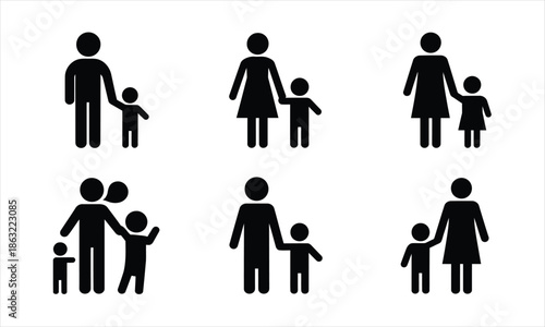 Several simple black silhouettes of parents and children standing together on a clean white background