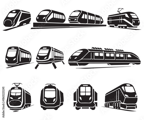 Modern High Speed Rail Transport Vector Icon Set Silhouette