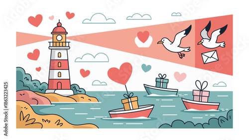 Love's Beacon: A charming lighthouse stands as a symbol of love and guidance, illuminating the sea with beams of affection, while vessels of affection sail the waters carrying precious gifts.
