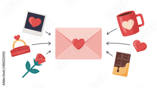 Love Letter and Gifts: A romantic composition, centered around a delicate love letter adorned with a heart. Complementing this, an array of symbolic gifts radiates outward.