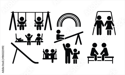 Simple black silhouette icons illustrate various children playing happily on different playground equipment