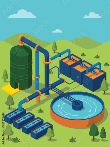 Water Treatment Plant with Pipes and Tanks in Nature