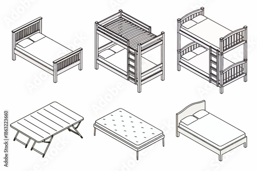 Various Bed Designs Including Bunk Beds and Mattresses