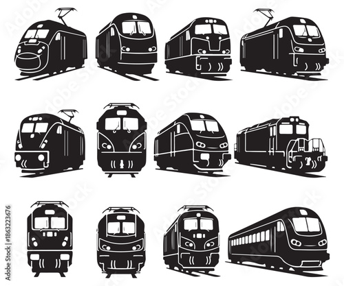Powerful Modern Railway Train Locomotive Vector Icon Set