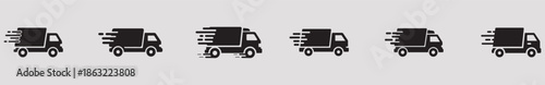 A series of black truck icons moving quickly across a light gray background with motion blur