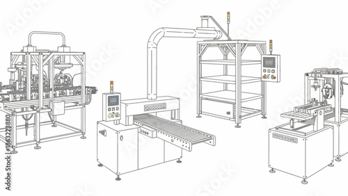 Industrial machinery setup with conveyor and control panels