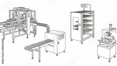 Industrial machinery setup with conveyor and control units