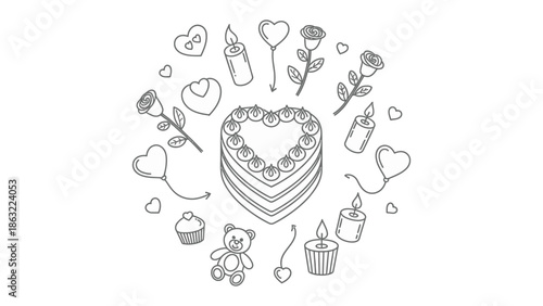 Love's Sweet Embrace: A charming illustration depicts a collection of romantic elements, beautifully arranged around a heart-shaped cake, symbolizing affection and celebration. 