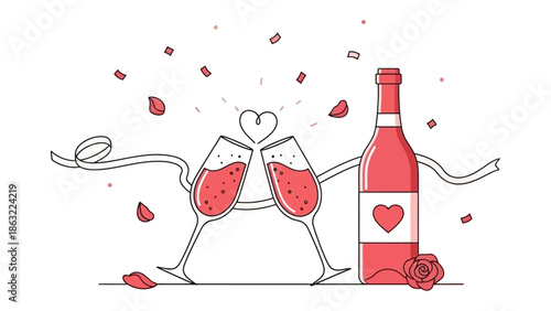 Romantic Toast: A pair of elegant champagne glasses clink in a romantic toast, accompanied by a bottle of wine and scattered confetti, symbolizing love and celebration. 