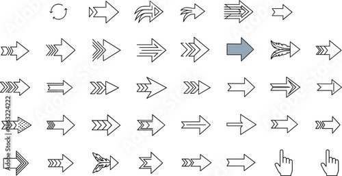 Arrow designs, including bold, outlined, curved, and directional arrows, with diverse styles and patterns for navigation, UI, and graphic design