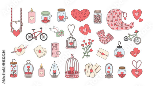 Valentine's Collection: A charming assembly of hand-drawn elements, perfect for expressing love and affection, featuring hearts, roses, and romantic symbols.